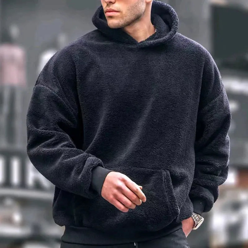 Men's lamb wool fleece-lined hooded sweater in solid colour with patch pockets, loose fit, available in white black navy blue