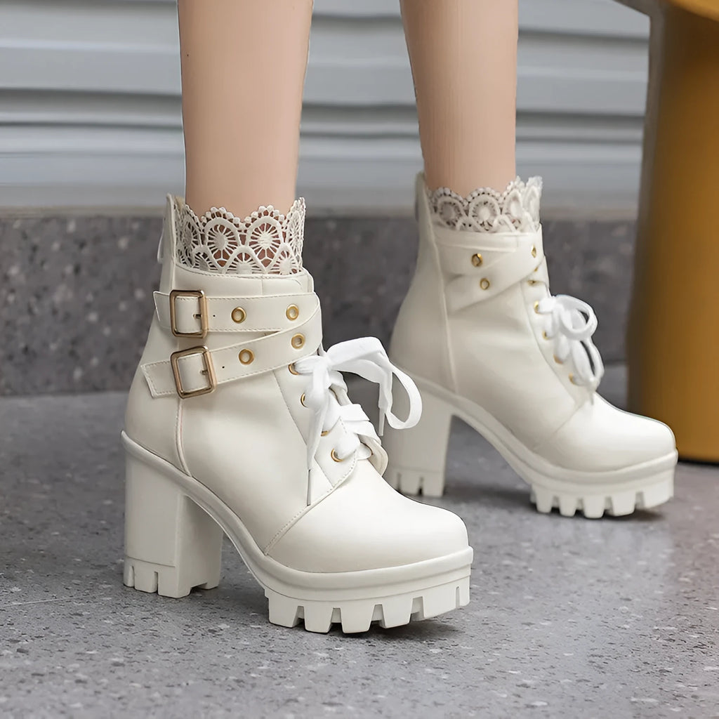 Women's lace-up ankle boots with 6-8cm thick heel, round toe and side zipper in white, black or brown