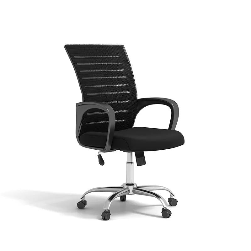 Simple black leather office chair with armrests and swivel base against a plain background