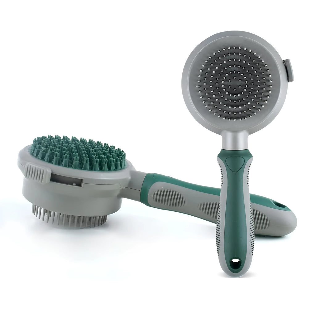 Green 2-in-1 silicone pet grooming brush showing slicker brush side and octopus-teethed massager side