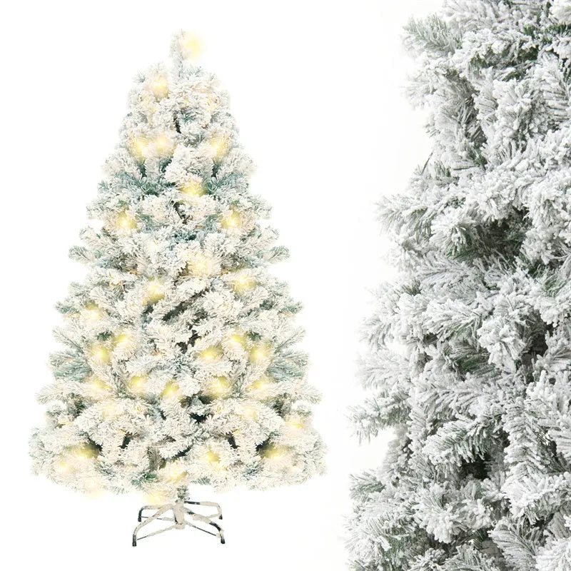 Green and white snow-covered artificial PVC Christmas tree with metal stand