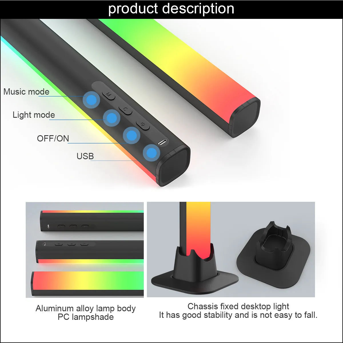 Two black desktop atmosphere lights with USB cables and app control interface on a gaming desk