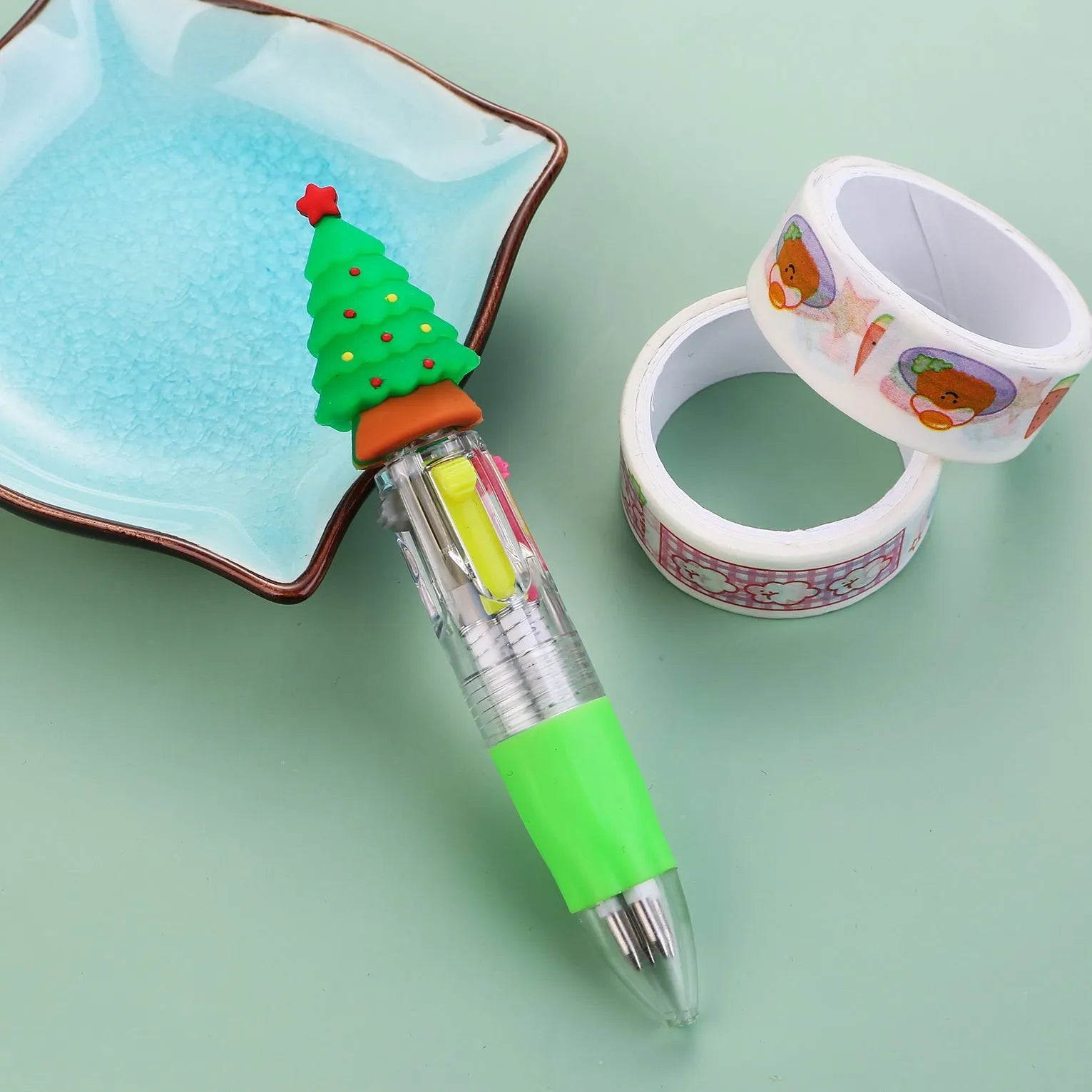 Christmas four-colour press ballpoint pen with festive designs, 11cm compact size
