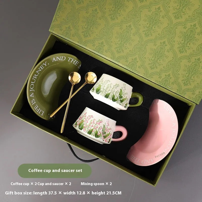 Ceramic coffee cup and saucer set for two people with stirring spoons in Campanula or Lanling Grass designs