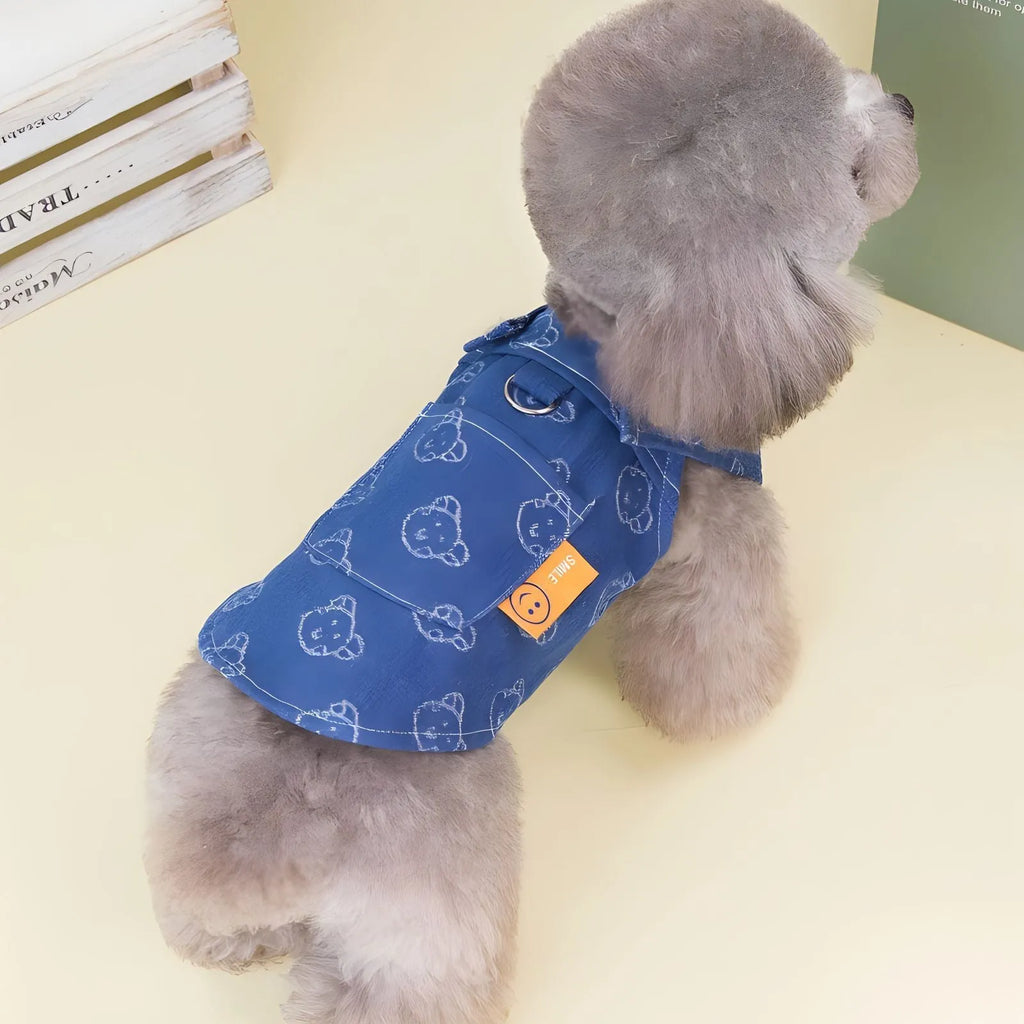 Blue denim princess dress for small dogs with bracket-skirt styling option
