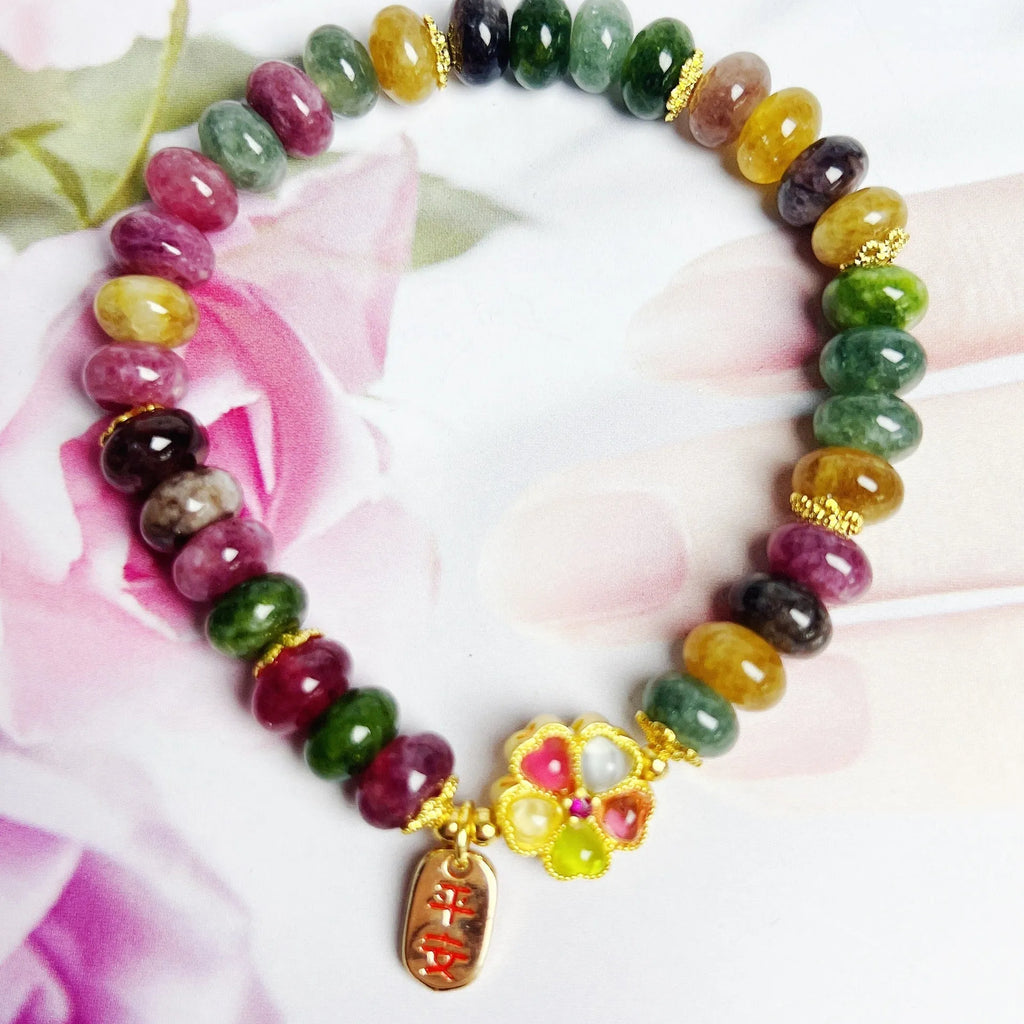 Colourful tourmaline abacus beads jade bracelet for women with artificial crystal beads on elastic cord