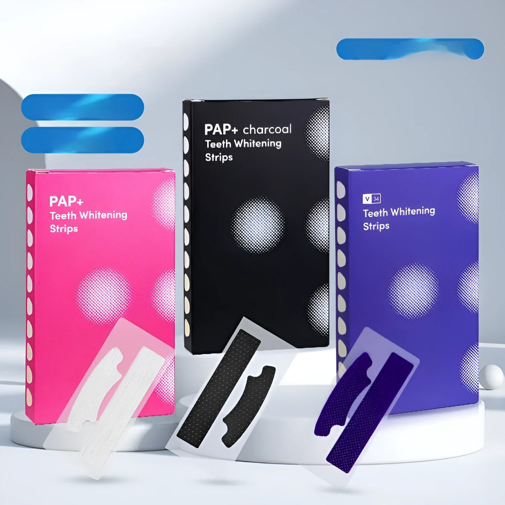 Box of teeth whitening patches with activated carbon and PAP in black packaging showing 7 pairs of stickers