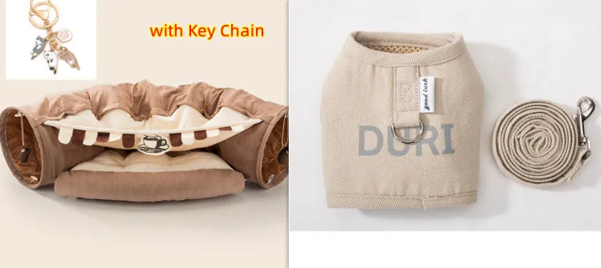 Collapsible cloth cat tunnel folded flat showing Bar colour option with 45cm length measurement