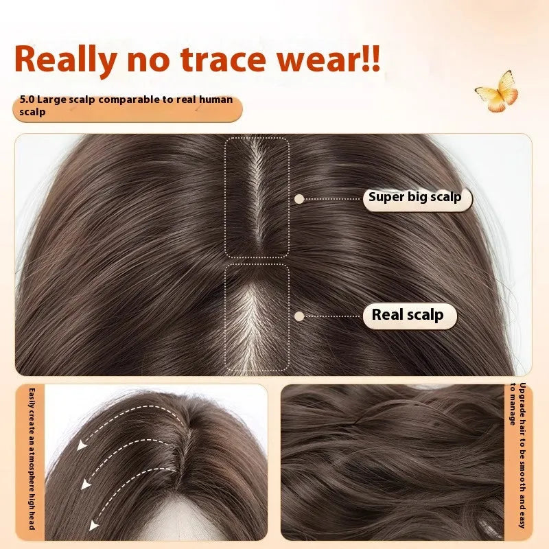 Full-head synthetic wig with long curly hair and side bangs in brown black colour.