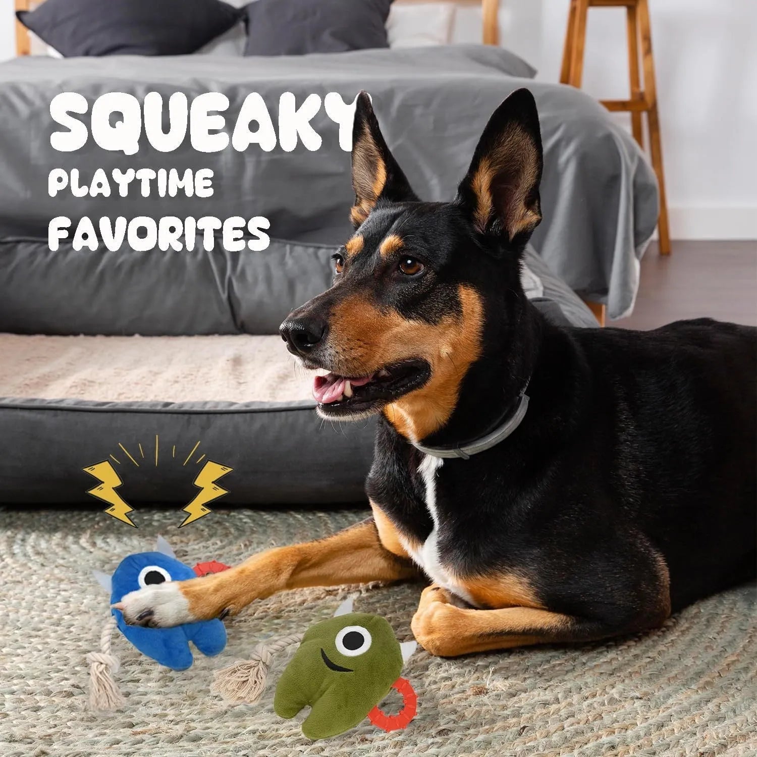 Blue and green plush dog toy with integrated cotton rope sections and a squeaker.