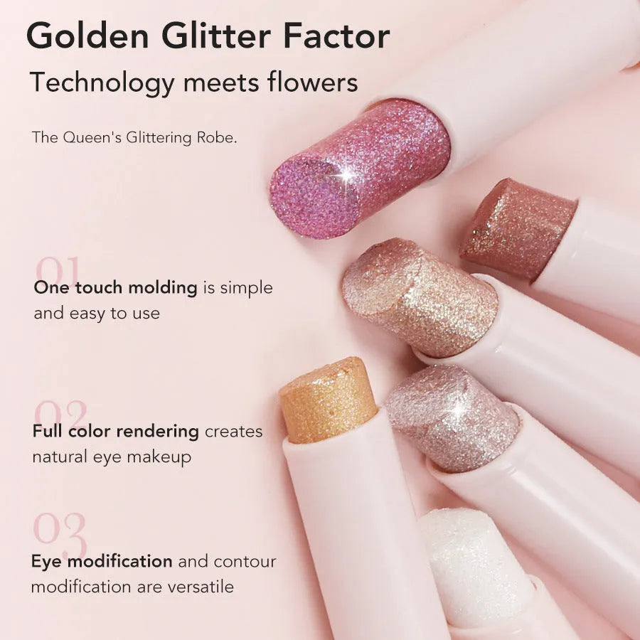Jelly eye shadow stick with pearlescent glitter finish, thin stick format, six shades 01 to 06