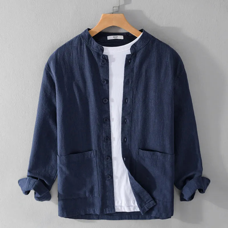 Men's retro stand collar Chinese knot button shirt coat in khaki loose fit cardigan