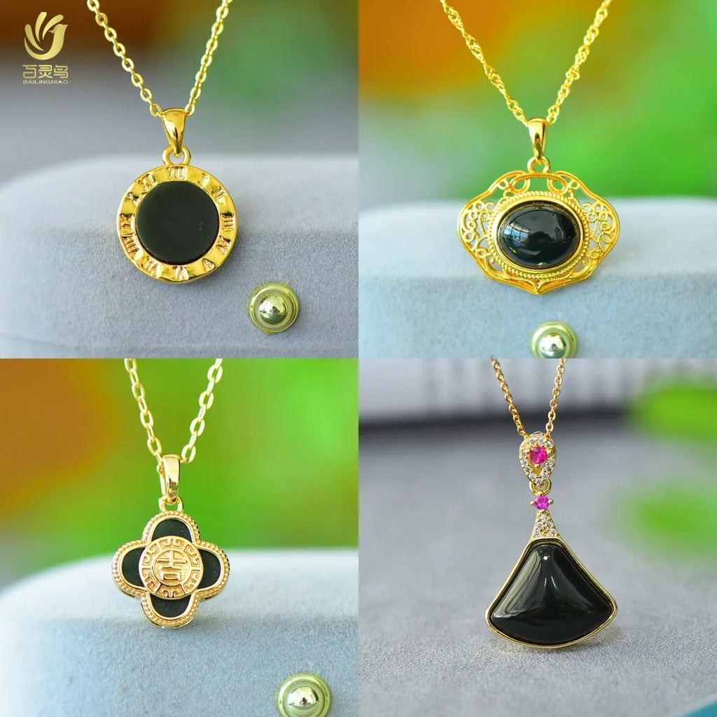 Natural Hetian gray jade pendant with copper inlay on necklace chain