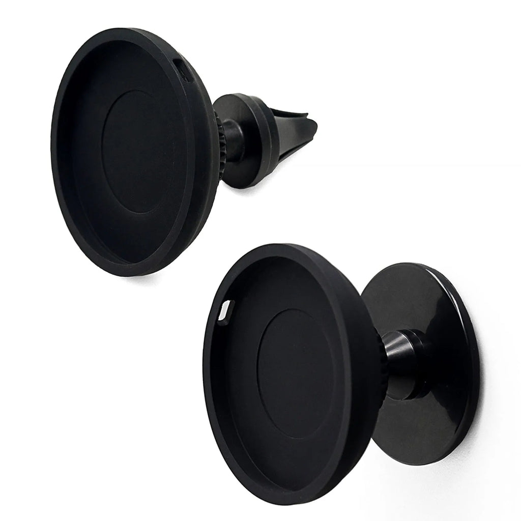 Black plastic magnetic car phone holder with snap-in mount for air vent or dashboard installation