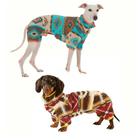 Thick four-legged dog clothing with diamond pattern in red for autumn and winter, side view on a dog