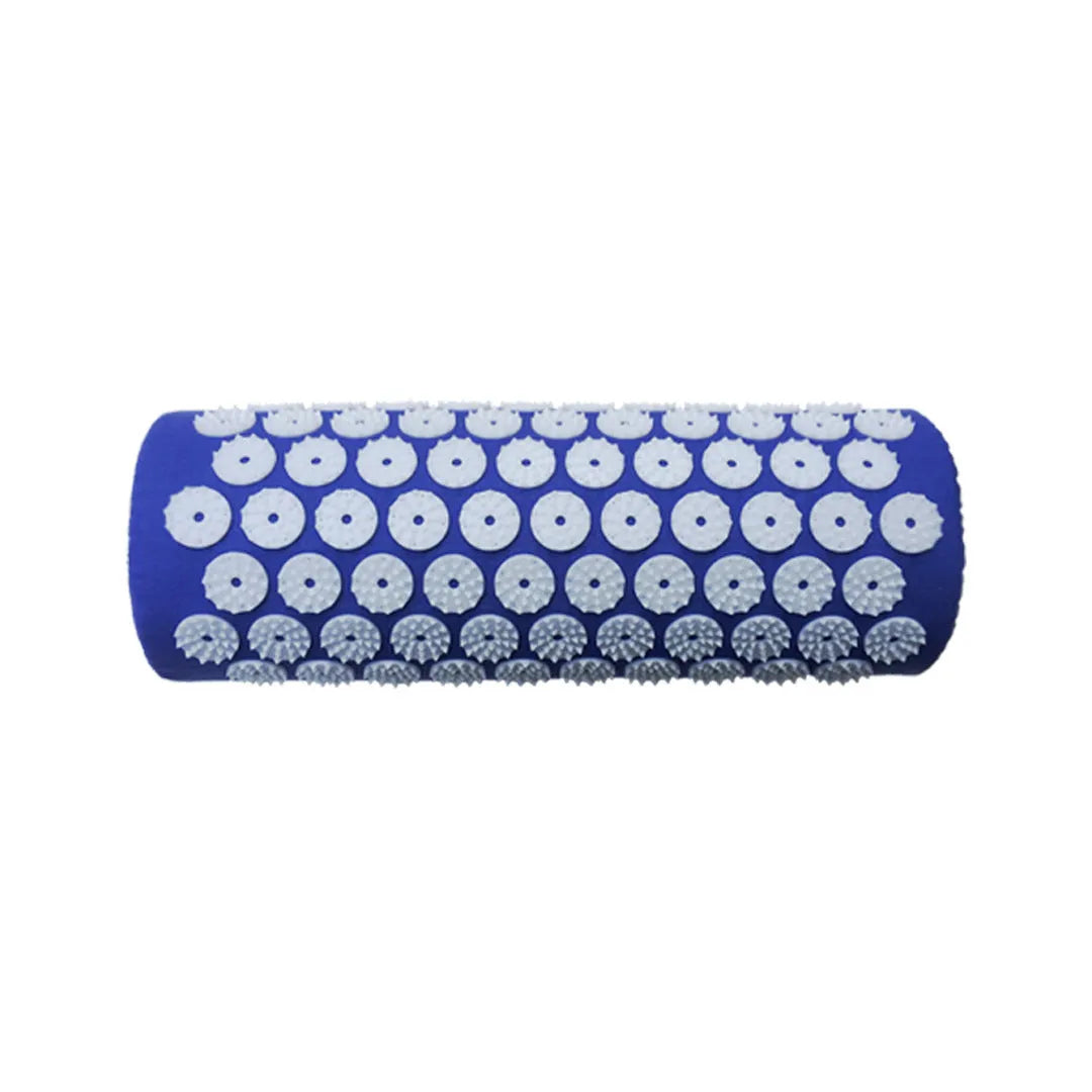 Acupuncture massage mat yoga mat set with black and blue cushion and headrest on floor