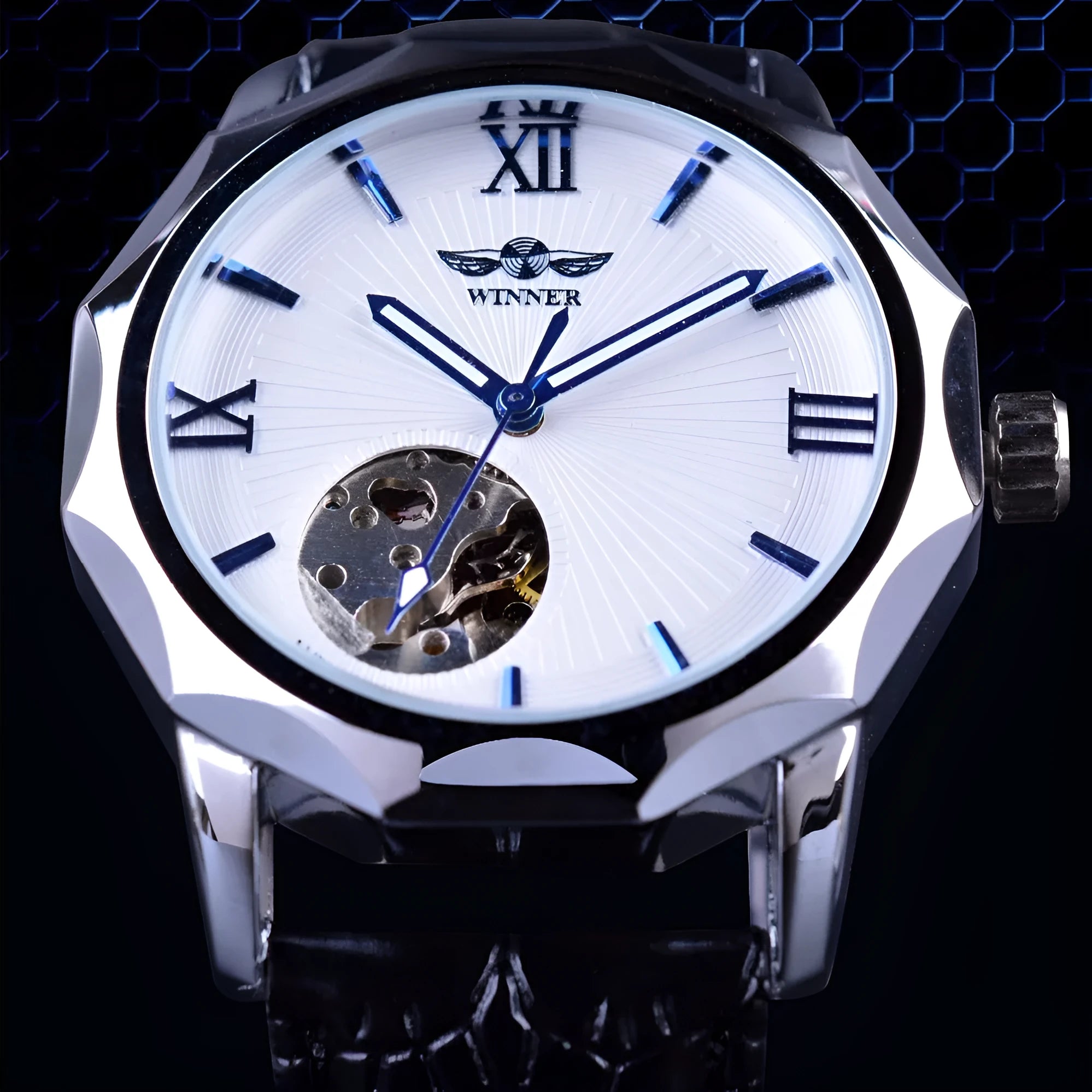 WINNER men's mechanical watch with round alloy dial and black strap showing world time function