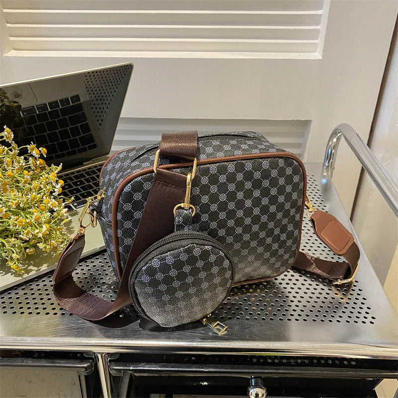 Vintage plaid crossbody bag in khaki, PU material, horizontal square shape with outer pocket and matching small bag