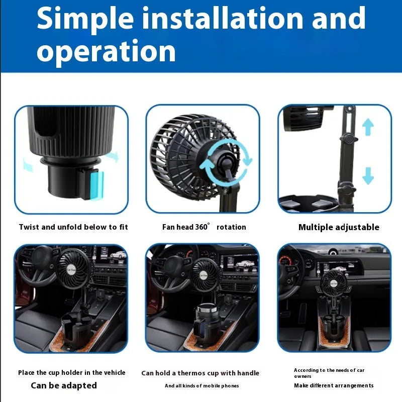 Car water cup holder fan in ABS plastic available in 4-inch and 6-inch sizes with multiple power connection options.