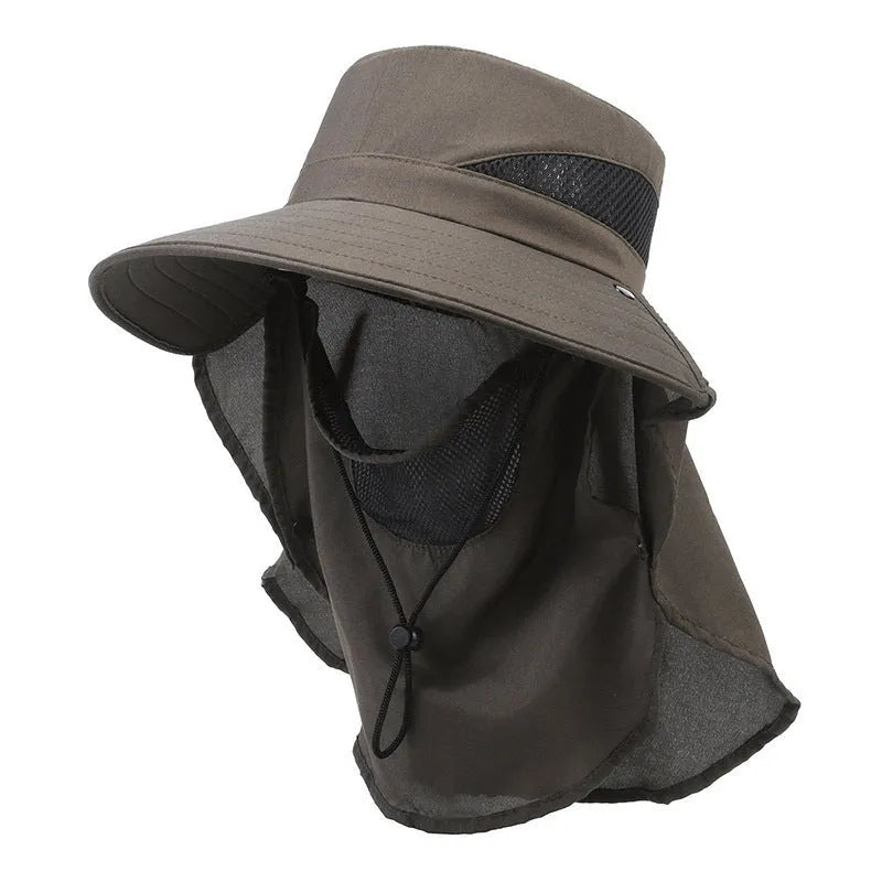Men's khaki fisherman hat with wide brim and adjustable drawstring cord for sun protection.