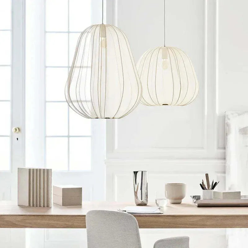 Japanese style white iron branch ceiling lamp with multiple LED lights hanging down.