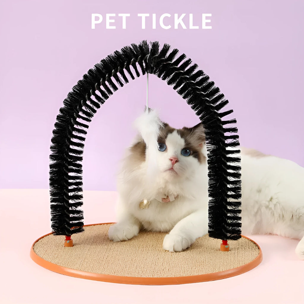 Black arch-shaped plastic cat grooming device with a mop and scratching surfaces, featuring a plush mouse toy.