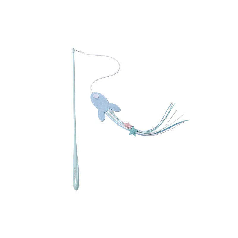 Blue cat teaser toy with feather attachments on long bite-resistant pole for interactive play