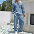 Men's casual shirt trousers commuter suit set in lake blue colour