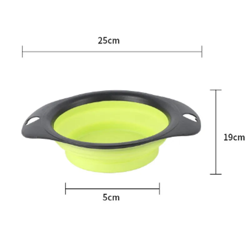 Silicone folding pet bowl in collapsed and open state for outdoor use, available in black and green