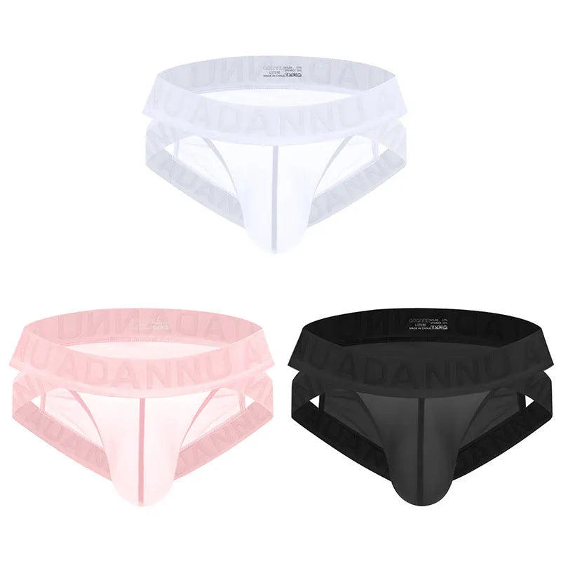 Men's single-layer see-through nylon mesh strap briefs in solid colour, low waist, knitted quick-drying underwear