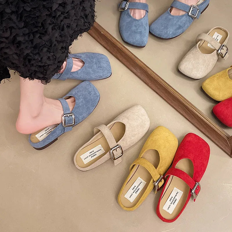 Women's flat half slippers with closed toe square head design in multiple colour options