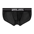 Men's ice silk triangle underwear with mesh panels in black, white, grey, blue, pink, and light green