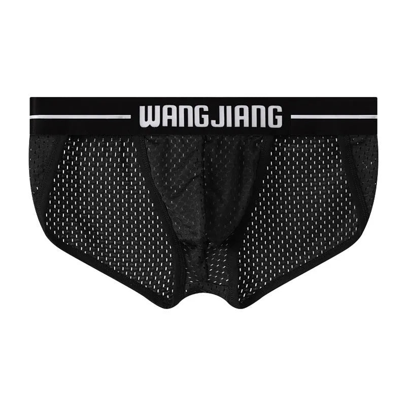 Men's ice silk triangle underwear with mesh panels in black, white, grey, blue, pink, and light green