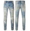 Men's patch slimming perforated denim leggings in light blue, 98% cotton, front view