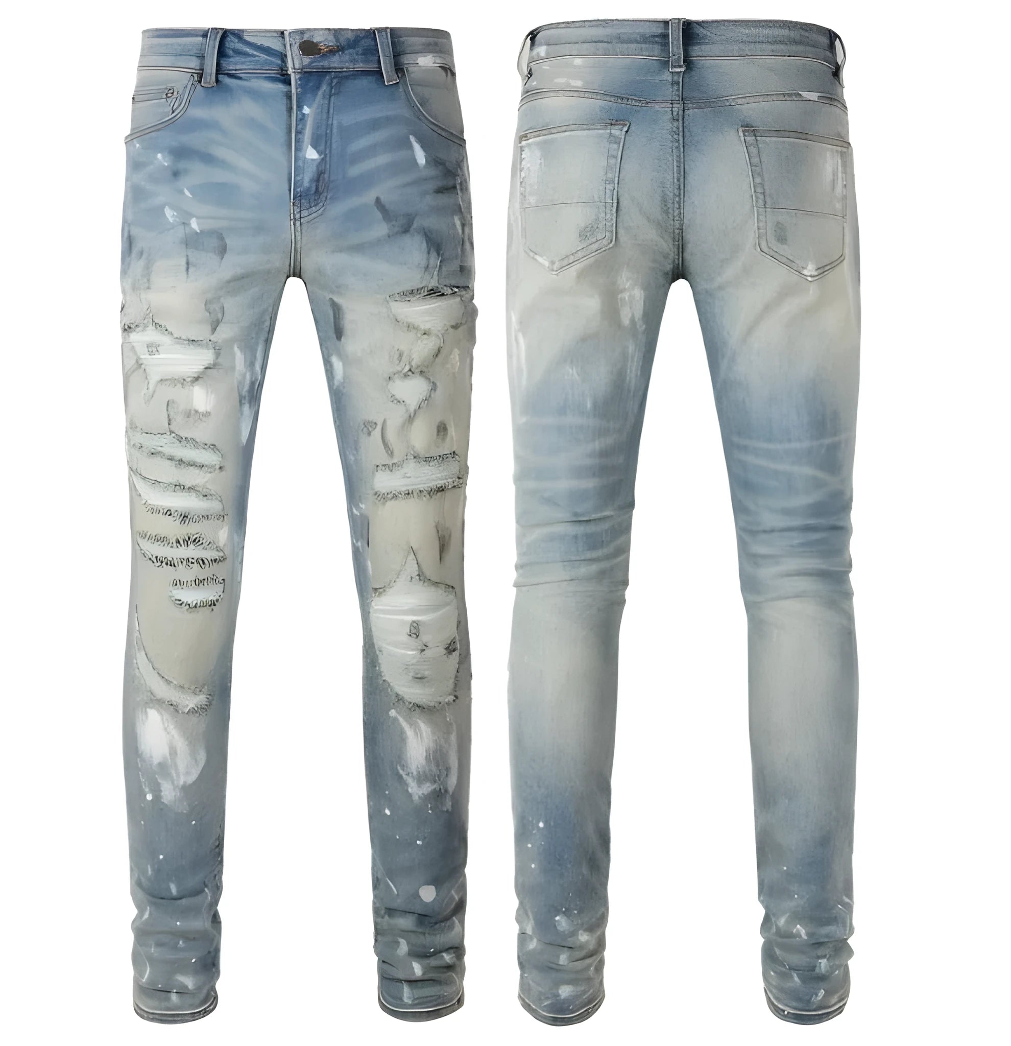 Men's patch slimming perforated denim leggings in light blue, 98% cotton, front view