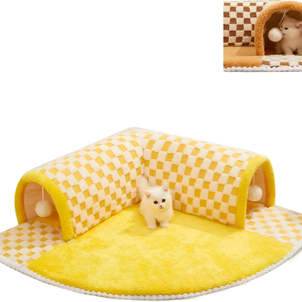 Brown plaid cat tunnel bed with central mat, showing non-slip bottom and fluffy plush material.