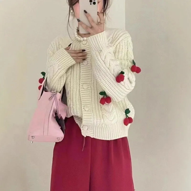 Cherry 3D pattern loose polyester sweater for women in pink colour with long sleeves and sweet Korean style