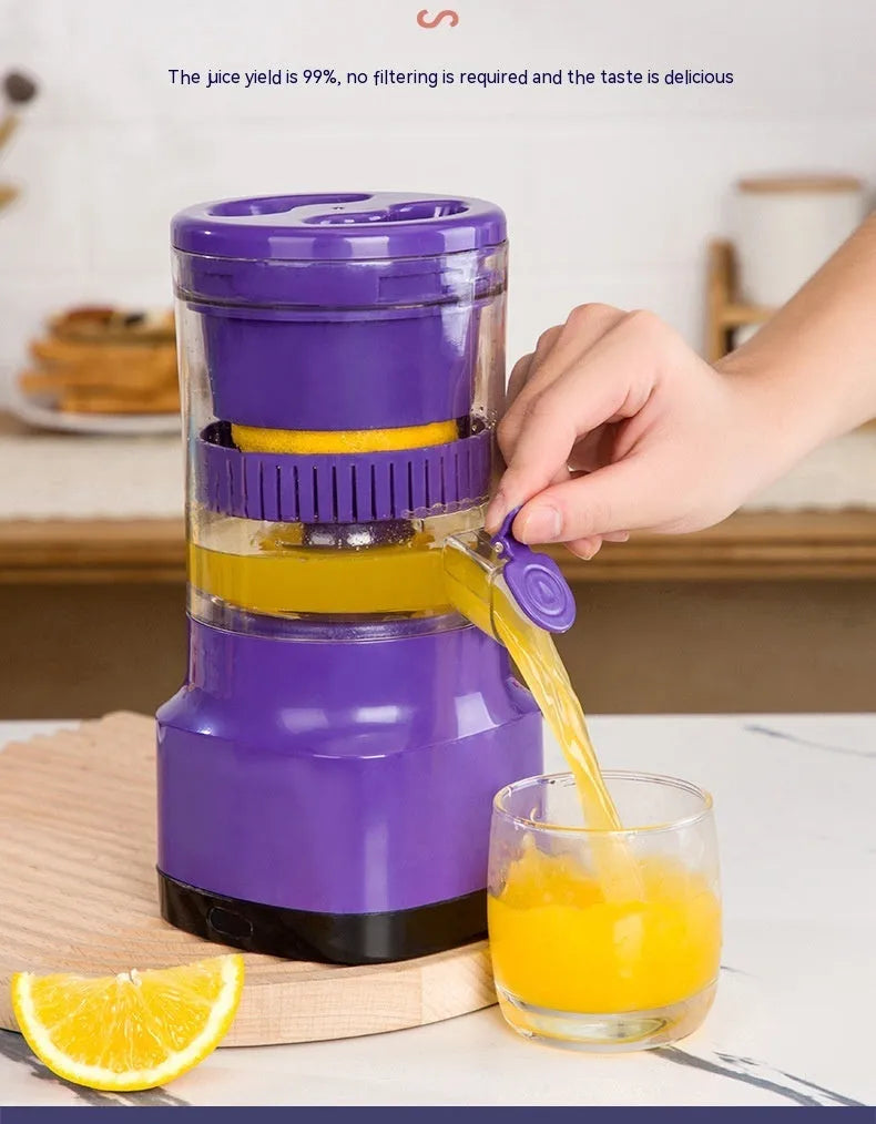 Purple USB rechargeable electric citrus juicer with cone-shaped reamer and 2400mAh battery