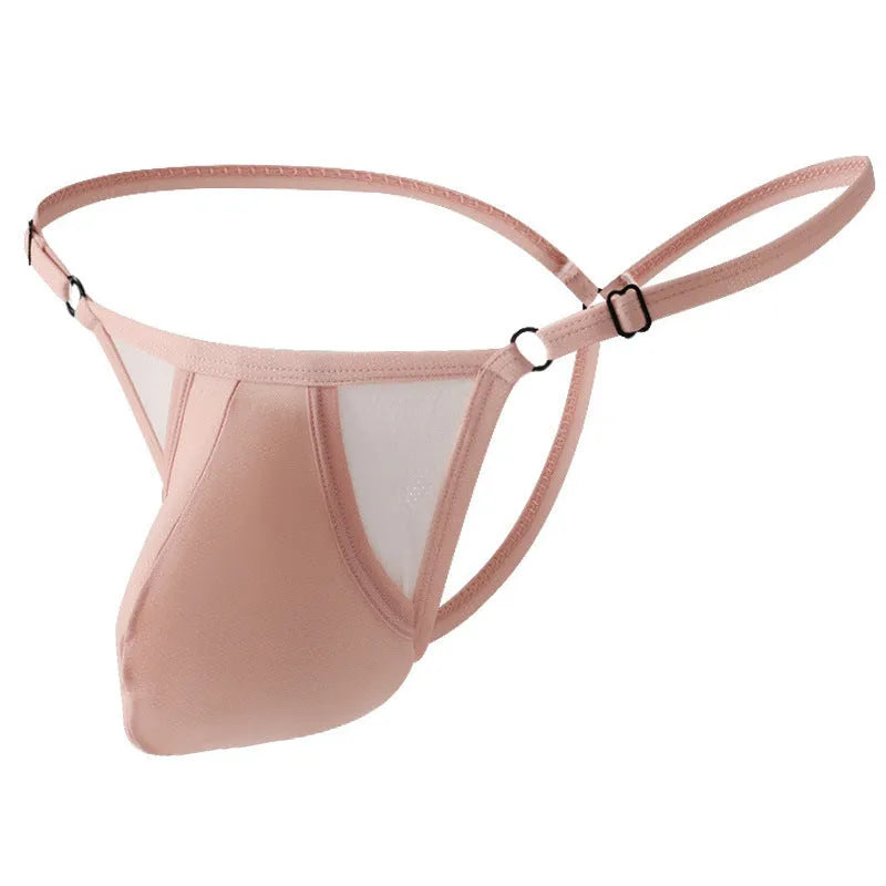 Men's ice silk T-back bag panties with geometric pattern and adjustable thin straps