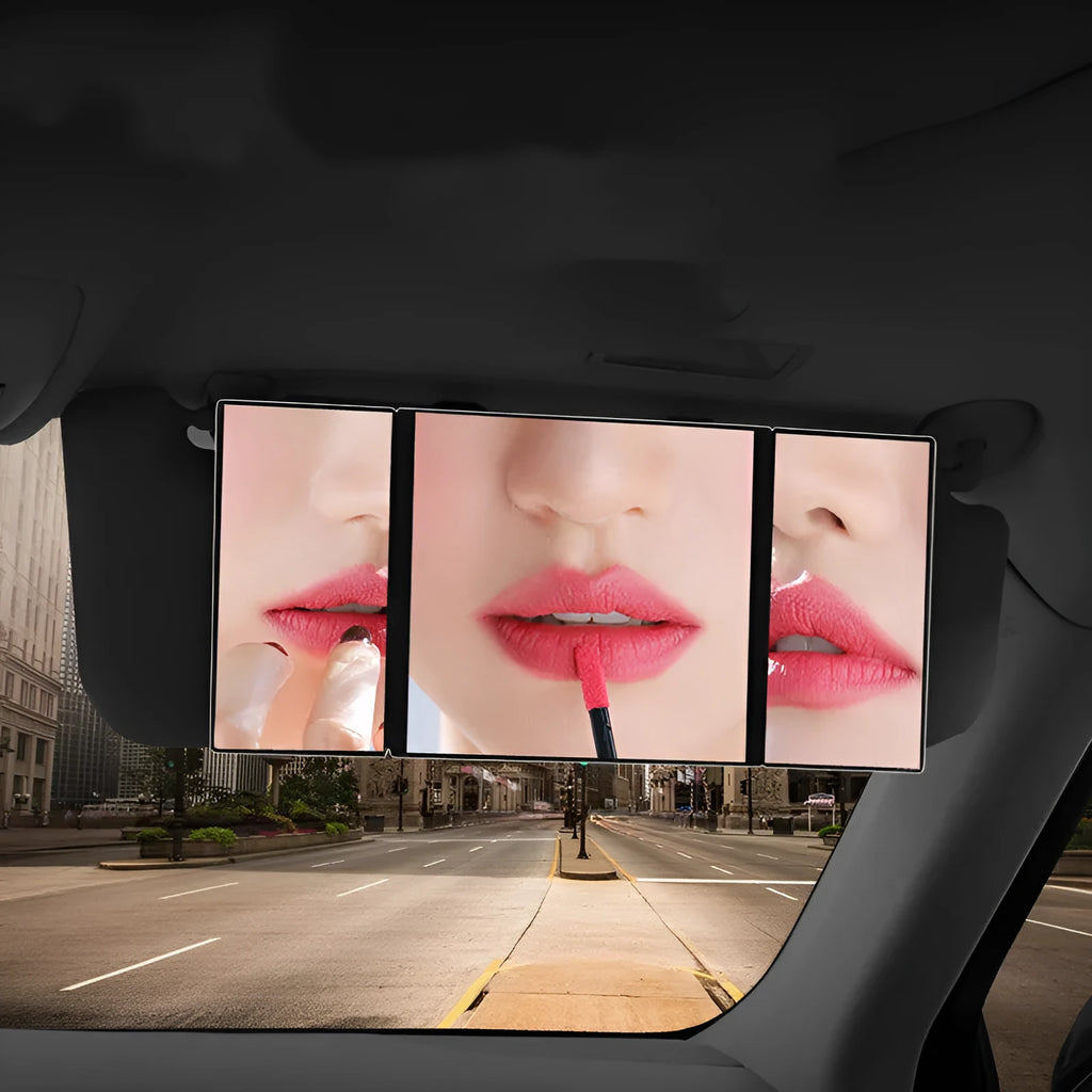 Silver folding car visor mirror shown closed and opened on a car sun visor.