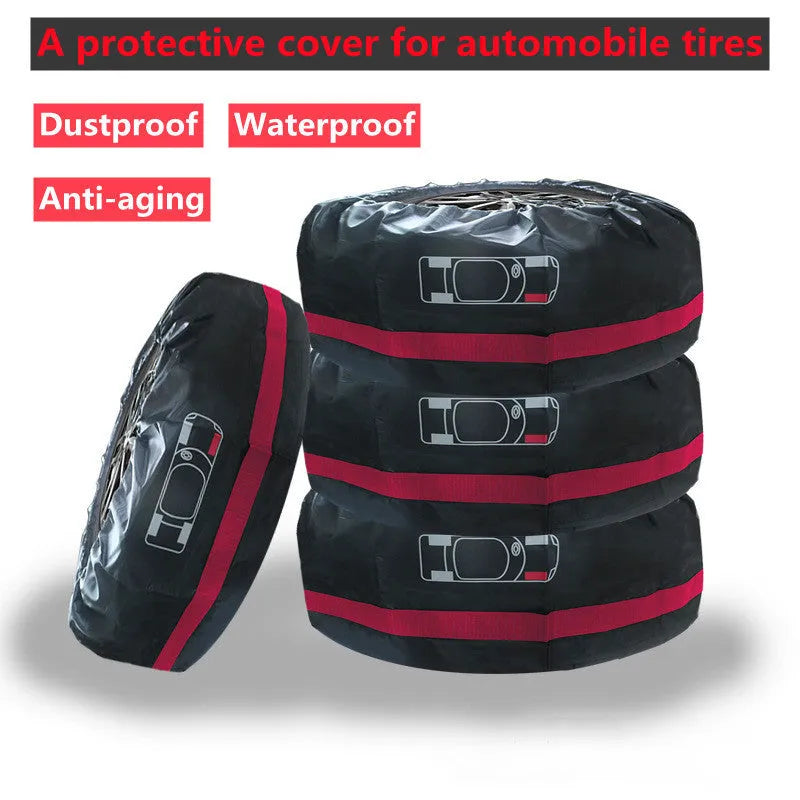 Four black Oxford cloth polyester tyre protective covers laid flat, showing their circular shape.