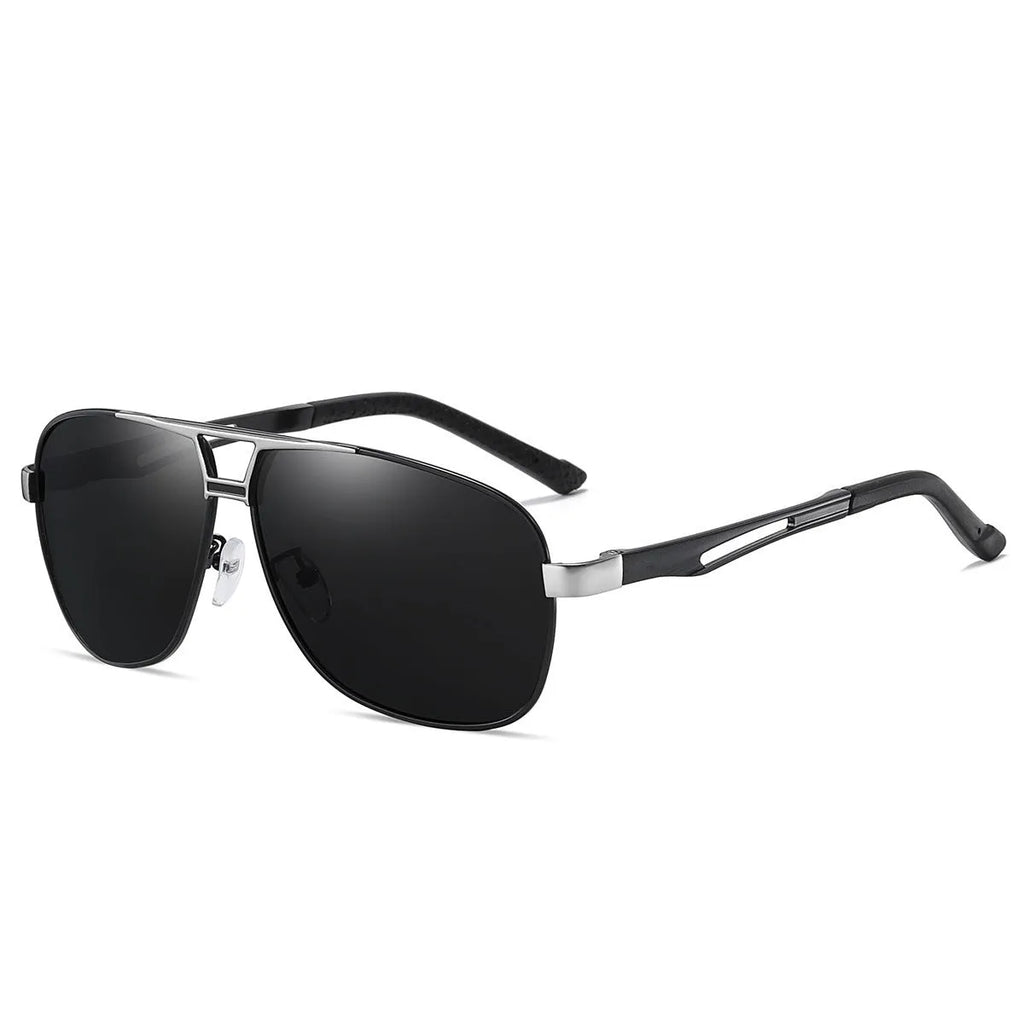 Men's aviator-style sunglasses with orange red polarised lenses and a metal frame on a grey background.
