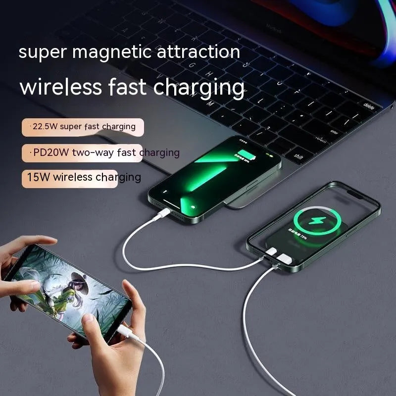Magnetic wireless super fast power bank plastic shell 98x64x15mm in black colour on white background