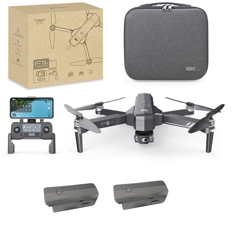 F11s PRO black folding drone with 4K camera, two-axis EIS gimbal, shown expanded and folded.