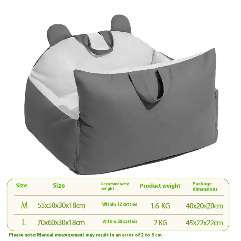 Removable washable dog car kennel in beige colours showing M and L size options for vehicle travel