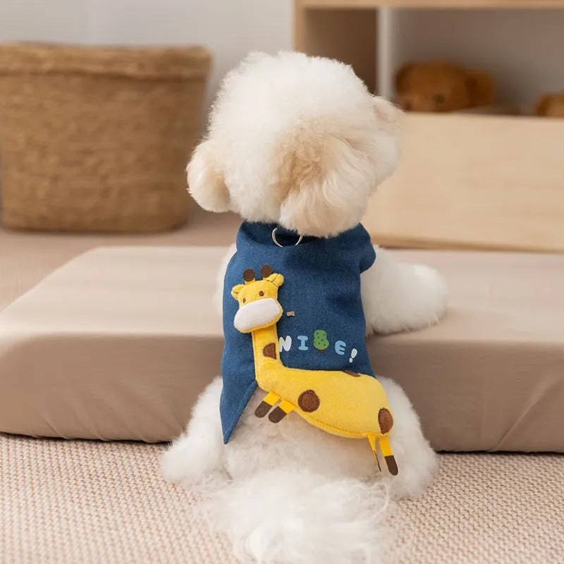 Blue 3D deer denim pet vest with polar fleece lining and leash hook for small dogs and cats