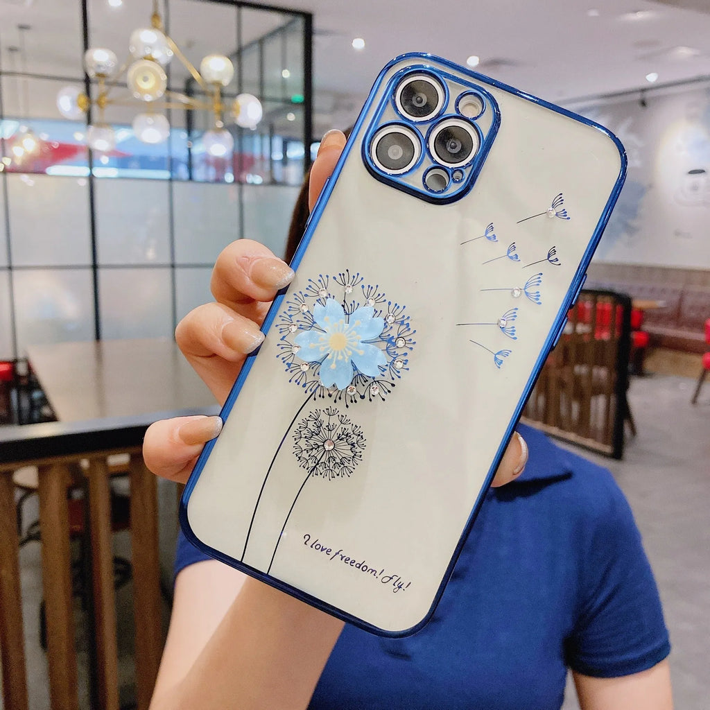 Green iPhone case with 3D floral design and extended rotating kickstand, showing built-in screen protector.