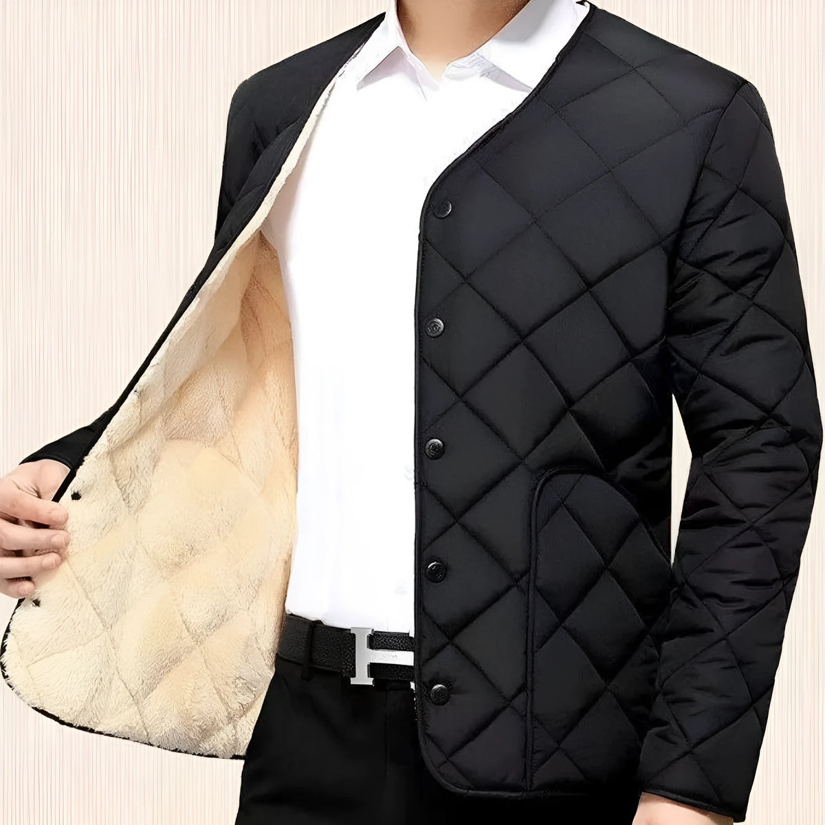 Men's short fleece-lined nylon jacket in black and navy blue, front view, sizes L to 4XL