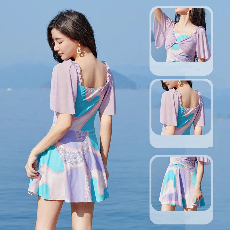 Women's light purple floral high-waist one-piece swimsuit with a central bowknot detail.