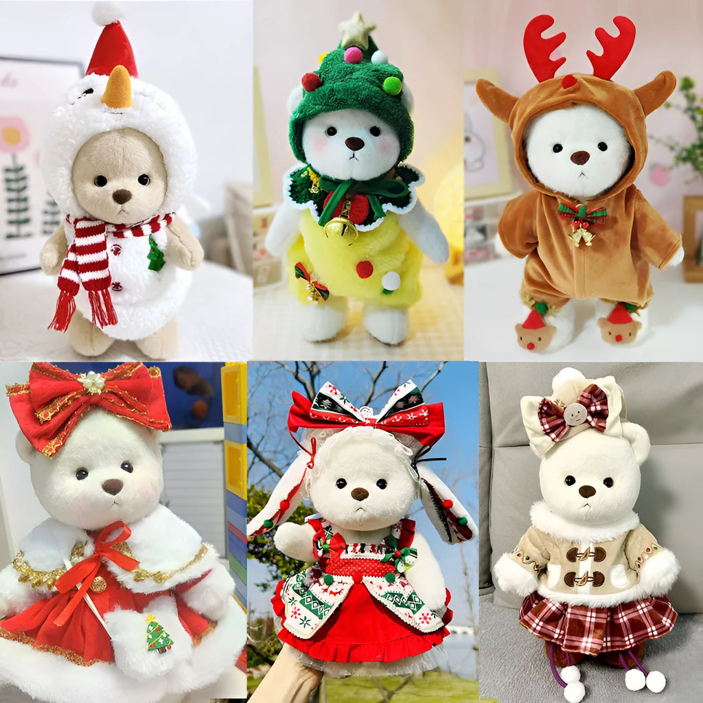 30cm Momo bear plush doll wearing a red plaid dress Christmas costume set with cloak